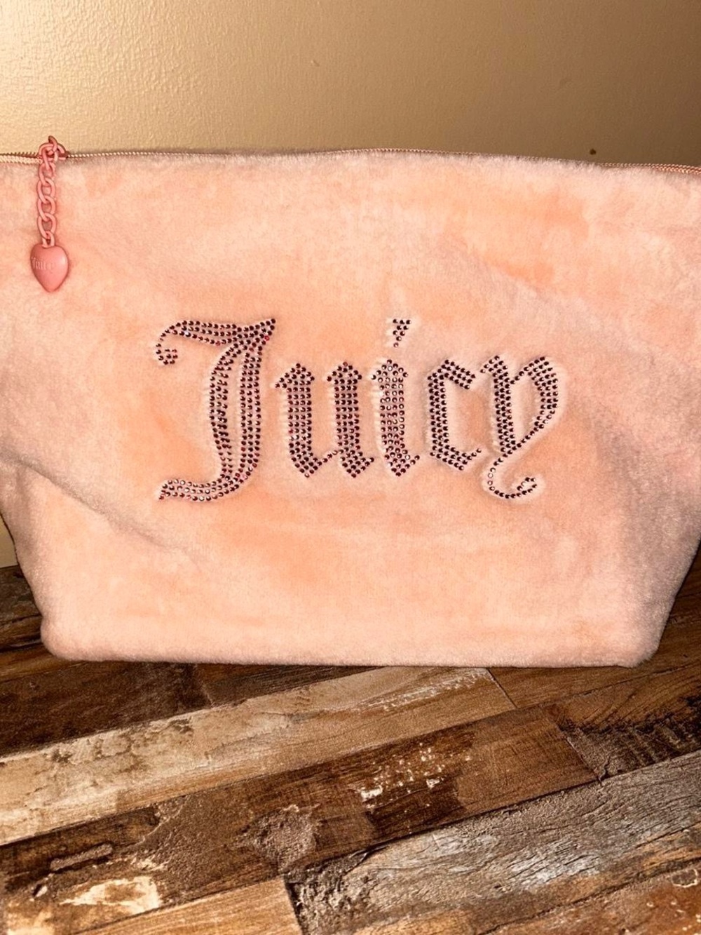 Juicy Couture Peach Pink Plush Cosmetic Bag with Rhinestone Logo